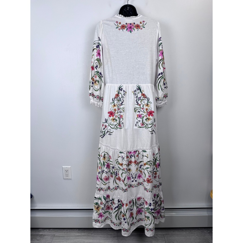 Farm Rio for Anthropologie Floral Linen Blend Tiered Maxi Dress White Medium - Picture 2 of 10